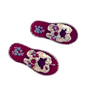 Vintage Red Flip Flops Gold Tone Rhinestone Italian Hand Painted Brooch